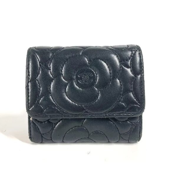 CHANEL Bicolor Camelia Compact wallet Trifold wallet Leather Black/Beige - Picture 1 of 16